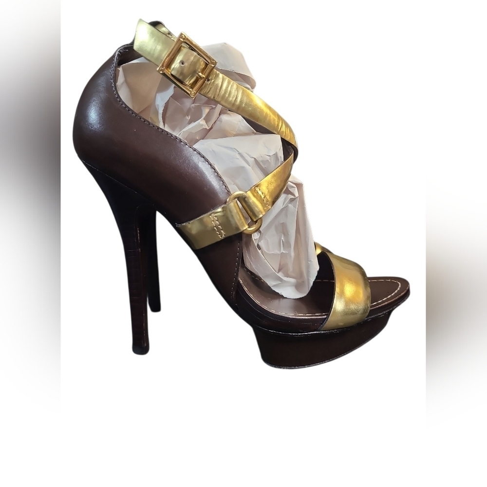 Tory Burch Gold and Brown Strappy Heels - Picture 3 of 5